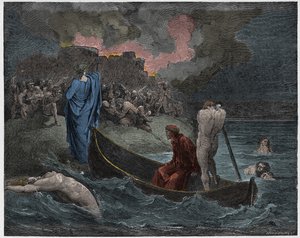 Inferno, Canto 8 : Virgil og Dante går i land ved citadellet Dis (Dite), illustrasjon fra The Divine Comedy av Dante Alighieri, 1885 (digitalt farget gravering)
